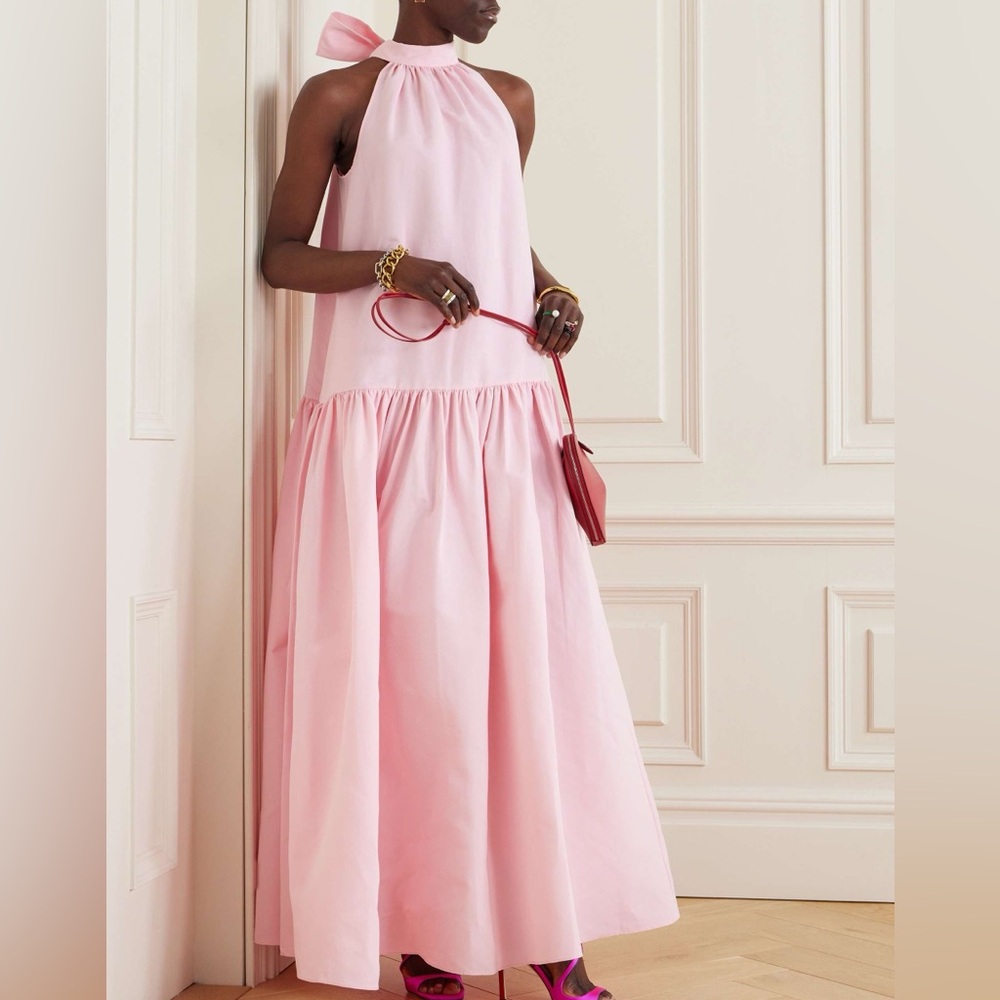 STAUD Marlowe Tiered Poplin Maxi Dress Size S Pearl Pink Bow-Back - Picture 2 of 16